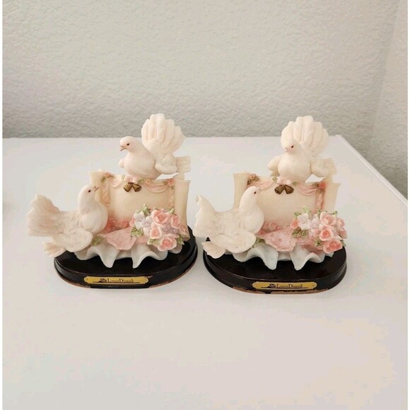 2Vintage Louis Dionne Doves and Roses Figurine On A Wood Stand Wood Has Peeling - Picture 1 of 11